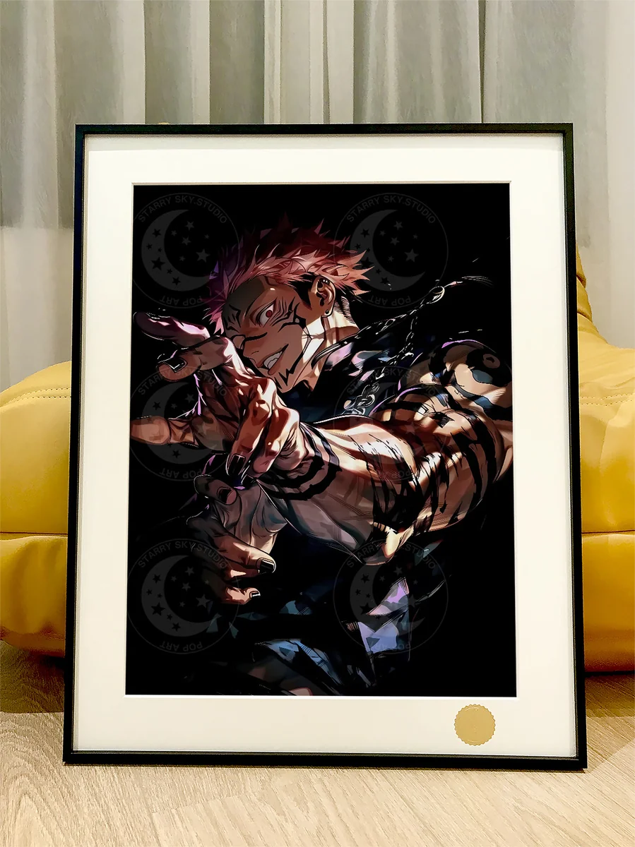 Limited edition Jujutsu Kaisen art print capturing Sukuna in a dynamic, stylized dark cosmic battle. A premium, hand-numbered collect art print.