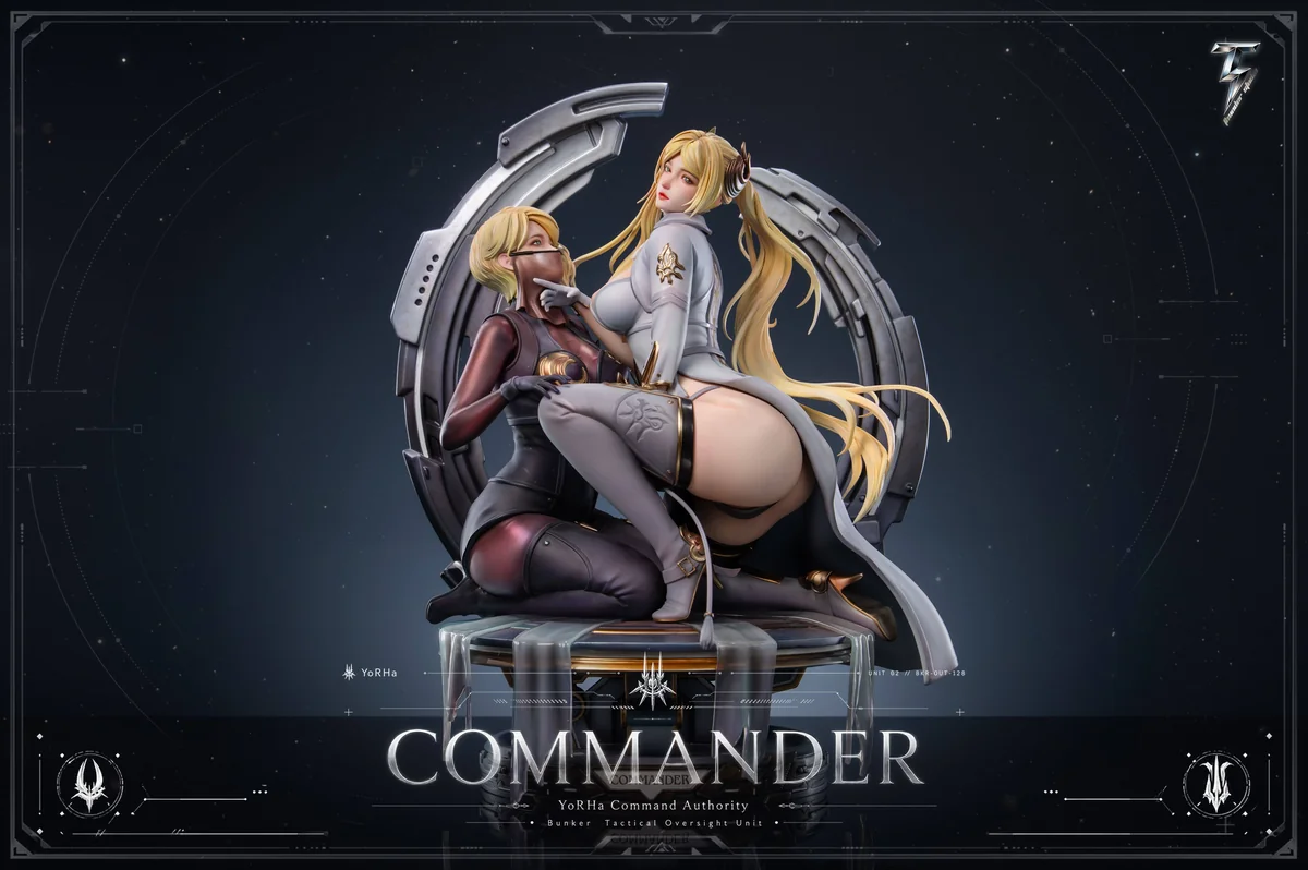 "Premium limited edition 1/4 scale NieR Automata Commander & Attendant resin statue, a dynamic high-end dual figure set with intricate sci-fi detail."