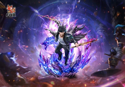 "Sung Jinwoo Shadow Monarch Solo Leveling resin statue, dynamically lit by vibrant LED effects, showcasing his formidable power. A premium, limited."