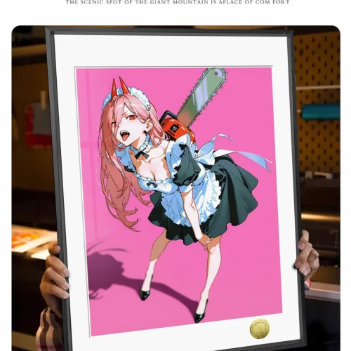 "Limited edition Chainsaw Man Maid Power art print by Huang Gua Studio. Hand-numbered, vibrant anime fan art of Power in a playful maid outfit, framed."
