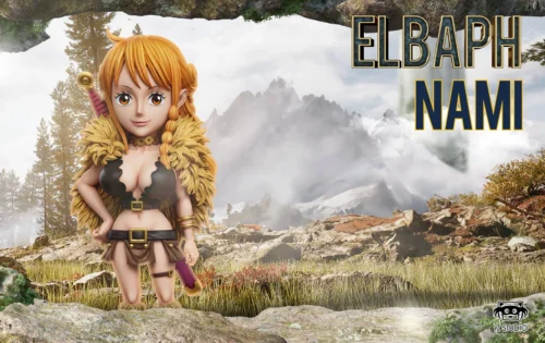 "Captivating Nami Elbaf Arc PU figure in a vibrant, dynamic pose, highlighting this exclusive One Piece statue's adventurous spirit."