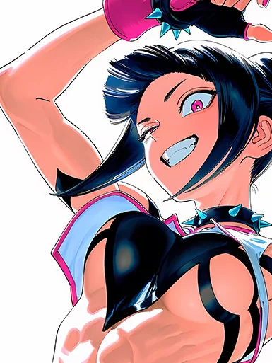 "Vibrant Juri Han Street Fighter decorative painting gallery, showing dynamic artwork with bold poses and Baroque-inspired dramatic flair."