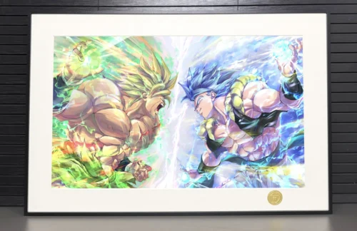 "Close-up detail of the limited edition H-TWO Studio Dragon Ball Super painting, highlighting the intense Broly vs Gogeta clash and dynamic energy."