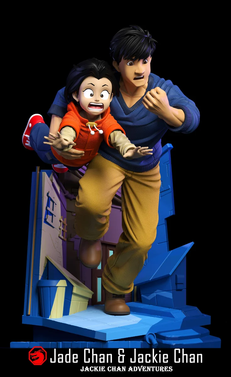 "Premium Jackie Chan Adventures statue showcasing Jackie Chan and Jade in a dynamic, iconic scene. This extremely limited edition collectible figure."