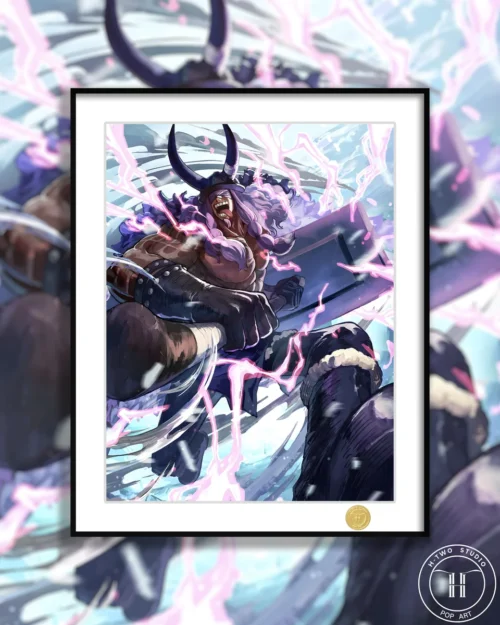 "Dynamic limited edition One Piece art print featuring Loki in a vibrant, detailed scene, showcasing premium framing from H-TWO Studio."