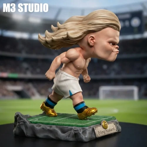 Adorable Cute-version Erling Haaland figure by M3 Studios, captured from multiple angles, highlighting its playful design and dynamic football uniform design.