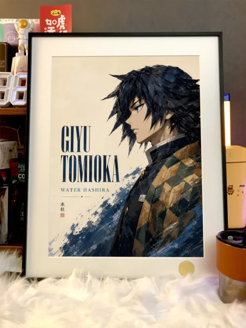 "Premium Giyu Tomioka painting gallery. Detailed views of the limited edition framed art print, capturing Water Breathing pose and cosmic starry sky."