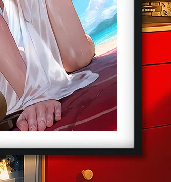 "Premium Genshin Impact Shenhe Beach Decorative Painting. Gallery views showcase vibrant high-definition anime art details and modern frame."