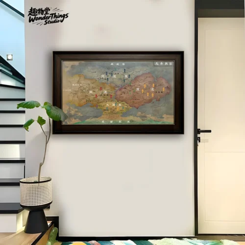 "Southern Sky Continent Map decorative painting detail. This vintage fantasy 'Mortal's Journey' premium framed art reveals intricate epic world."