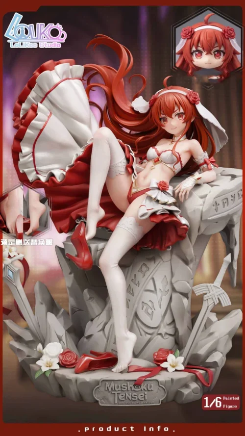 "Exquisite Mushoku Tensei Eris 1/6 bridal gown resin statue, dynamically posed in a flowing white dress with intricate details, embodying premium."