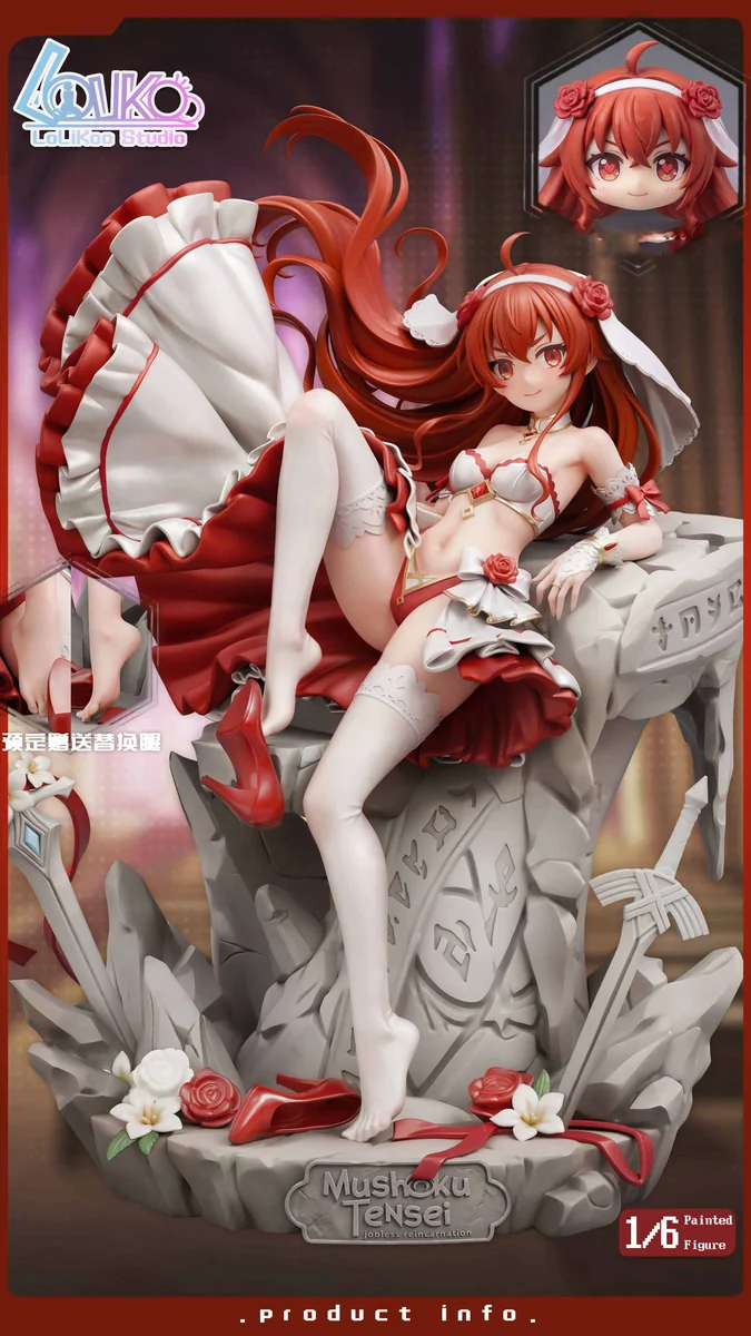 "Exquisite Mushoku Tensei Eris 1/6 bridal gown resin statue, dynamically posed in a flowing white dress with intricate details, embodying premium."