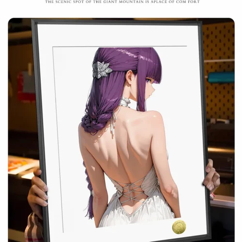"Gallery view of the limited edition Frieren painting by HuangGua Studio, highlighting Frieren's iconic back profile. This premium framed art captures."
