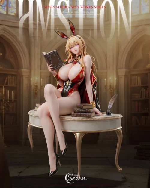 "1/6 Azur Lane Jingshi Bunny Girl figure. Sophisticated intellectual figure with detailed library diorama, showcasing dual barefoot/black stockings."