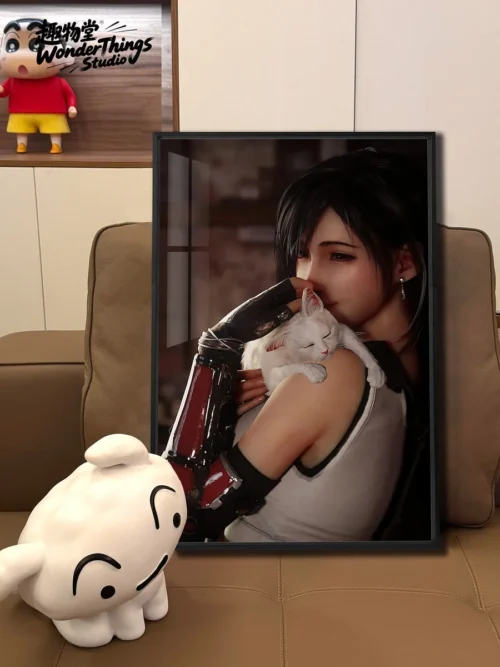 "Exquisite Final Fantasy VII painting featuring a whimsical Tifa Lockhart playfully interacting with Cat Cloud Strife."