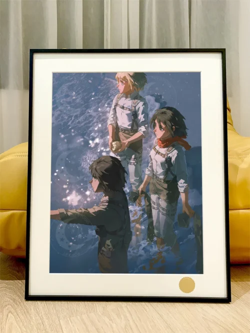 "Ultra-Limited Edition Attack on Titan 'The Sea' decorative painting. Eren, Mikasa, Levi gaze at a starry ocean, a premium, hand-numbered art print."