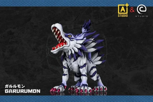 "Dynamic Garurumon Digimon statue by A+ & C-STUDIO. Fierce wolf pose, intricate details from multiple angles, dual color options."