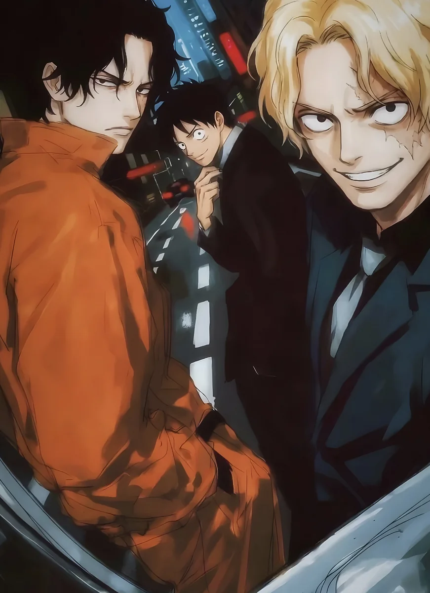 "Detailed view of the vibrant, dynamic Three Brothers Luffy, Ace, and Sabo action scene in this premium limited edition One Piece framed art print."