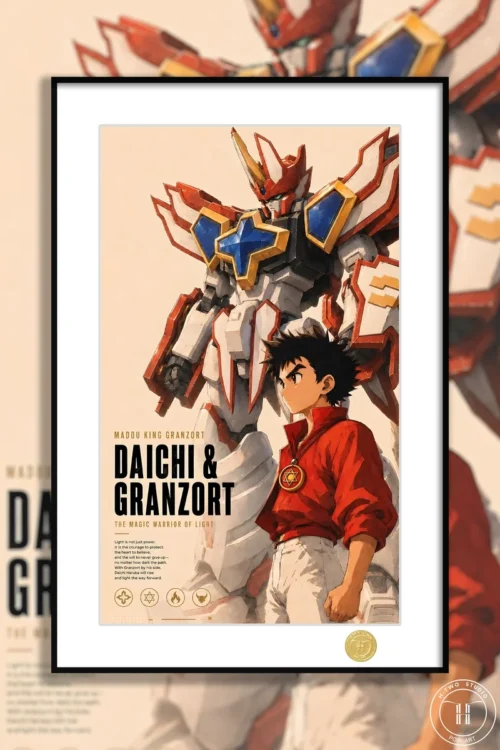 "Premium framed limited edition Magical King Granzort art print, showcasing dynamic mecha action and vibrant 90s anime aesthetic."