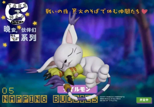 "Adorable Sleeping Tailmon Digimon Adventure resin figure. This charming chibi Tailmon statue is captured in a peaceful, tranquil nap, emphasizing its."