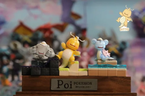 "Adorable handcrafted Ditto Pokémon figures showcasing imperfectly transformed Lapras, Dragonite, and Graveler in vibrant chibi style."