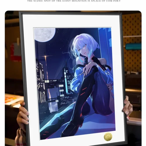 "Limited edition, hand-numbered Cyberpunk Lucy painting details. Melancholic Lucy in a neon-drenched cityscape, showcasing artistic depth and print."
