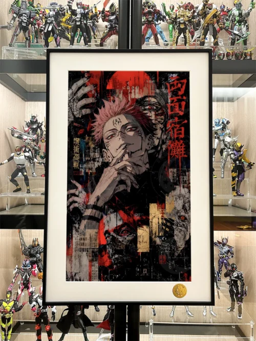 "Detailed view of the limited edition Jujutsu Kaisen Sukuna art print. Premium framed graffiti art with vibrant starry sky and dynamic character."