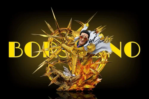"Vibrant A+ Studio Kizaru Borsalino One Piece statue, showcasing his dynamic action pose with brilliant LED glowing light effects."