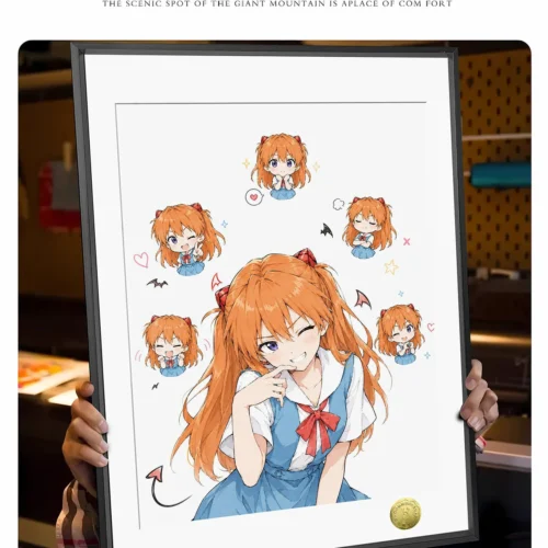 Product gallery of the Asuka Langley decorative painting, featuring adorable, relaxed Asuka with a cat. Ideal fan art for cozy home decorative.