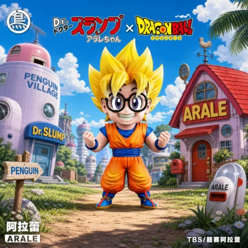 "Vibrant Super Saiyan Arale chibi statue by TBS Toybirds Studio, showcasing her unique Dragon Ball crossover and playful, dynamic pose."