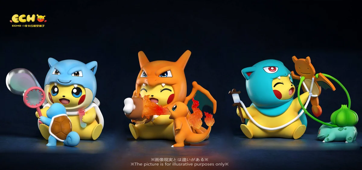 "Charming, unique Pikachu Kanto Starters Evolution Cosplay figure, showcasing Pikachu as the final evolutions. A playful Pokémon statue by ECHO Studio