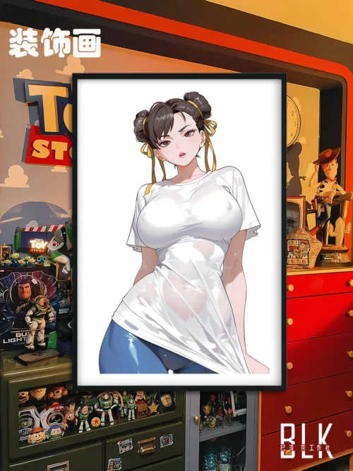 "Stunning Baroque Chun-Li wall art, a decorative painting featuring Chun-Li in an ornate white costume, capturing artistic elegance."