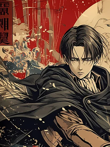 "Exclusive Levi Ackerman Attack on Titan Japanese Baroque art. Views highlight intricate details, traditional attire, and elegant frame."