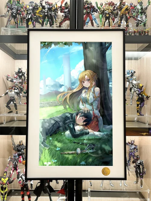 "Close-up of the premium Sword Art Online print, Asuna & Kirito under a starry tree, showcasing intricate hand-numbered limited edition details."