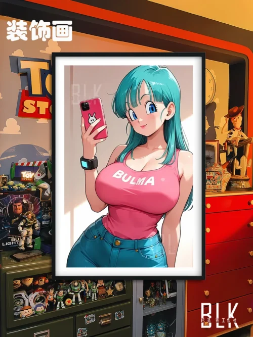 "Iconic Bulma selfie art decorative painting from Dragon Ball. Vibrant, premium art with a sleek frame, blending modern pop and anime style."