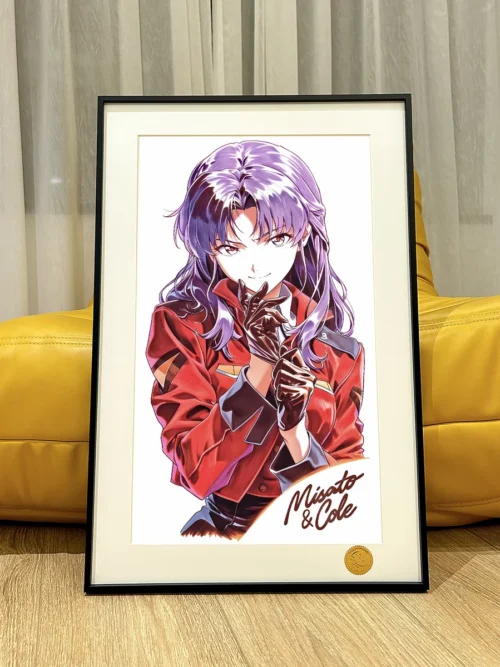 "Striking Red Dress Misato Katsuragi from Evangelion, a dynamic Limited Edition Archival Giclée Art Print against a vibrant cosmic backdrop."