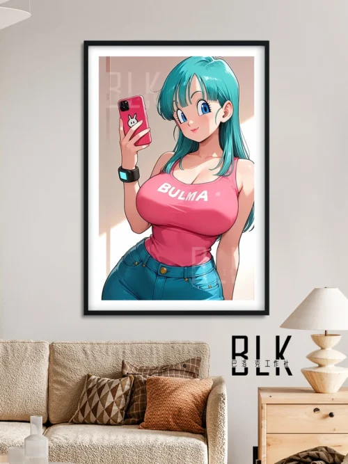 "Gallery of the iconic Bulma selfie decorative painting from Dragon Ball. Views highlight its vibrant art, sleek frame, and premium modern anime."