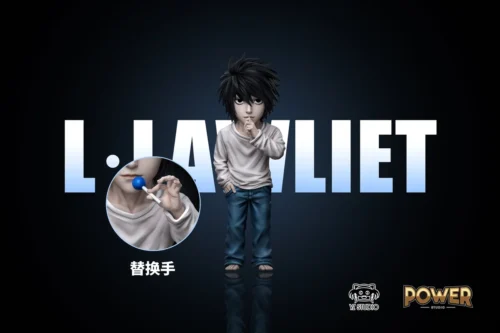 "Multiple angles of the premium L Lawliet Death Note statue by YZ x Power Studio, highlighting the iconic contemplative pose and intricate sculptural."