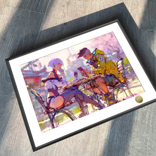 "Premium A3/4K Cyberpunk Edgerunners painting of David and Lucy in a romantic board game scene. This limited edition art highlights every stylized.“