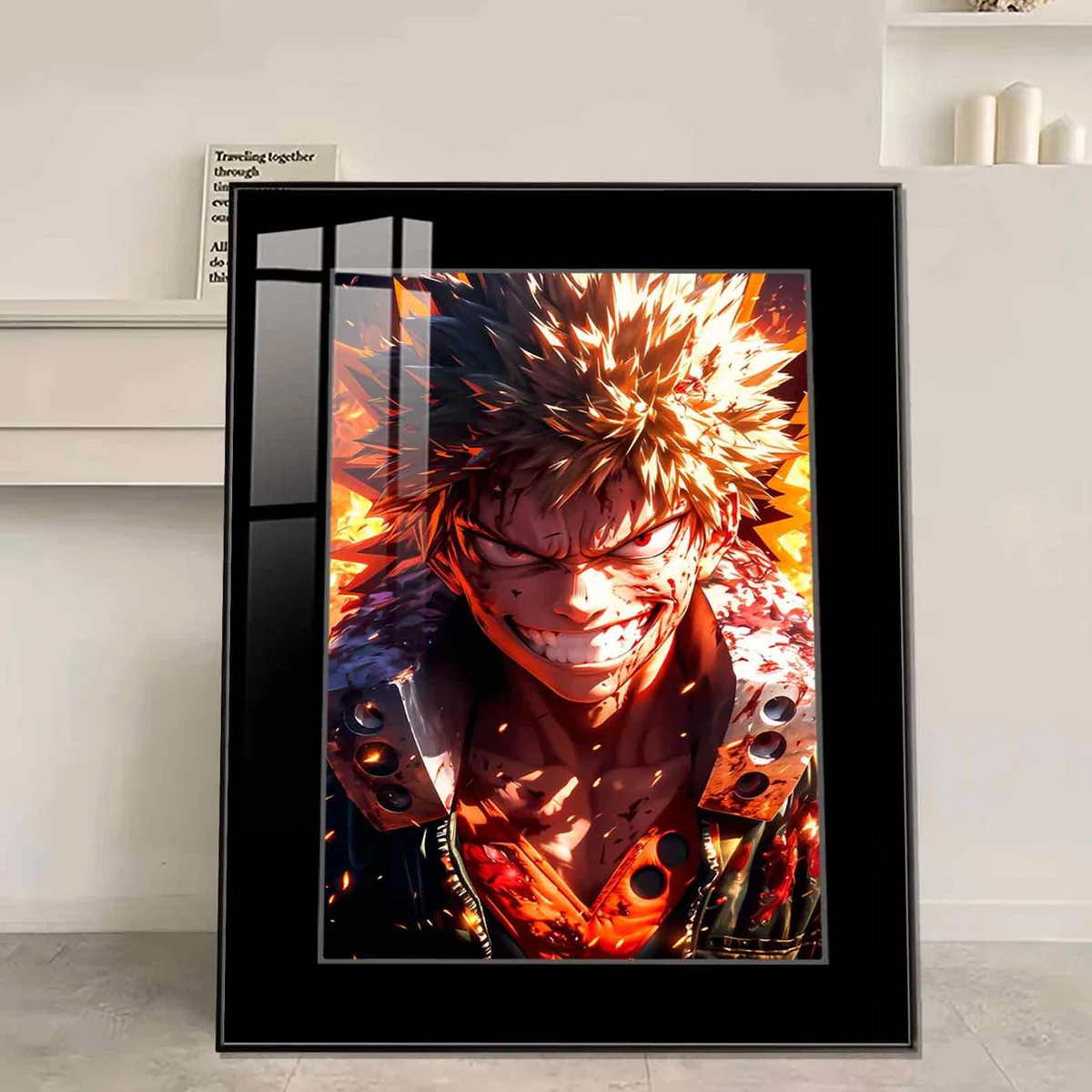 "Dynamic Bakugo wall art from My Hero Academia by JUZI Studio, showcasing vibrant colors and explosive energy in a premium framed display."