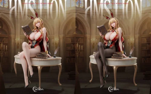 "Sophisticated Azur Lane Jingshi bunny girl 1/6 scale statue by Seren Studio, depicted reading in an intricately detailed library diorama."