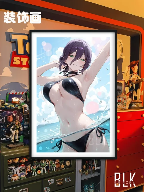"Vibrant high-quality Chainsaw Man Reze swimsuit painting, showcasing her dynamic pose with artistic flair. A stunning collectible art piece."