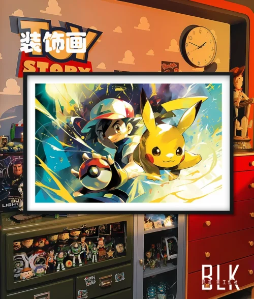 "Vibrant Ash and Pikachu Pokémon characters depicted in an ornate Baroque decorative painting, embodying sophisticated artistry for elegant fan decor."