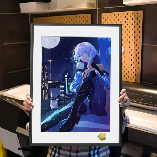 "Limited edition, hand-numbered Cyberpunk Lucy painting. Melancholic Lucy in a neon-drenched, moonlit cityscape, capturing dreamy solitude."