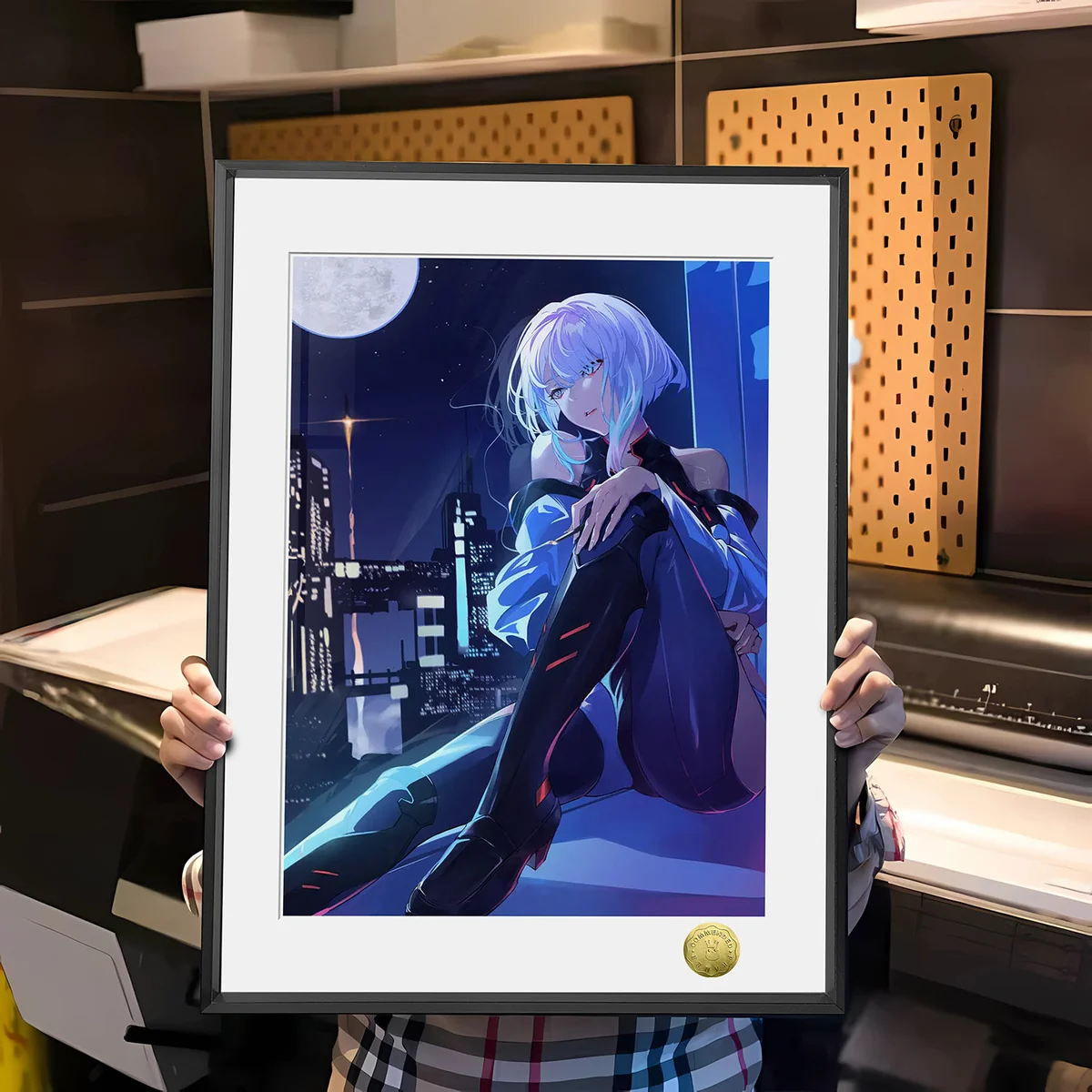 "Limited edition, hand-numbered Cyberpunk Lucy painting. Melancholic Lucy in a neon-drenched, moonlit cityscape, capturing dreamy solitude."