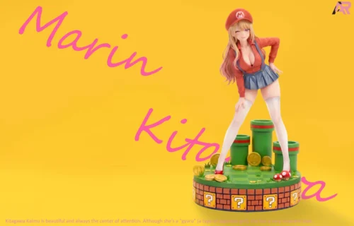 "Marin Kitagawa Mario Cosplay resin statue. Gallery views highlight playful pose, vibrant details, and unique My Dress-Up Darling fusion from multiple."