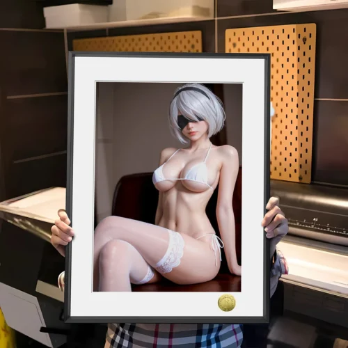 "Limited Edition NieR Automata 2B fan art painting showcasing alluring YoRHa 2B in white stockings, rendered in a dynamic artistic style."
