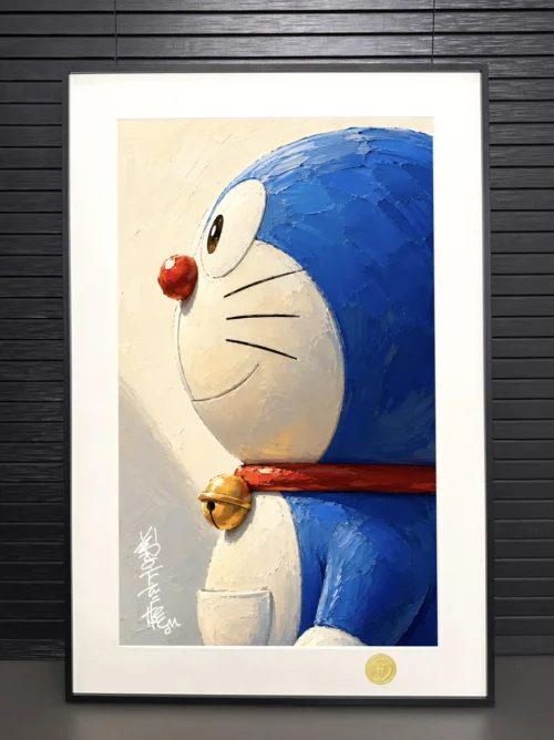 "Detailed view of the Limited Edition Doraemon Art Print, featuring classic characters in nostalgic painterly style, Fujiko F. Fujio's replicated sign."