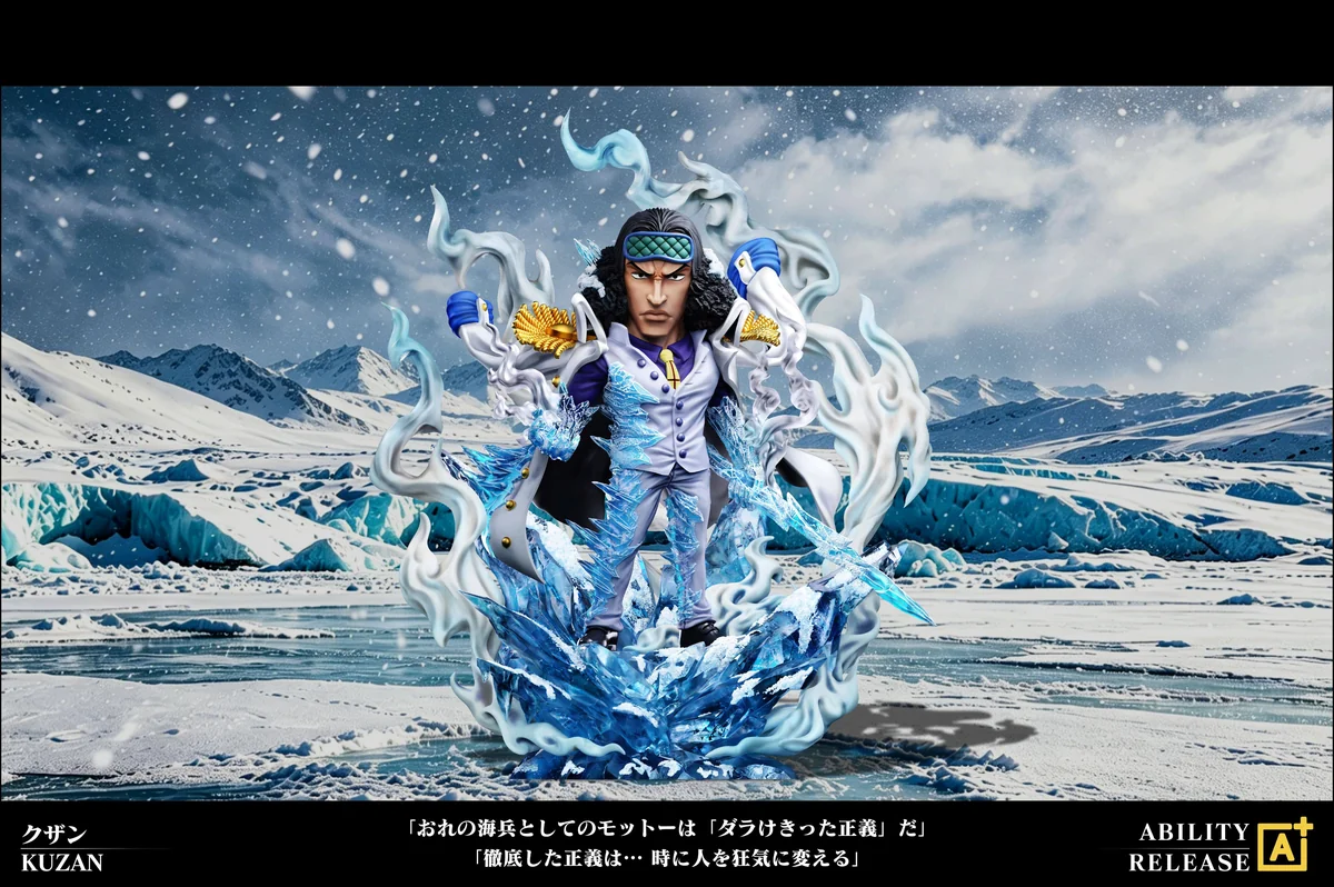 "Premium A+ Studio One Piece Aokiji Kuzan AR Series statue. Multiple views reveal the dynamic ice diorama and intricate sculpted details."