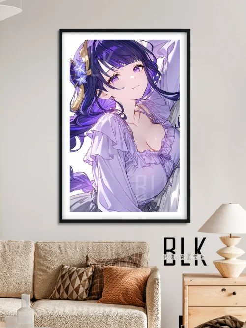 "Baroque Style Serene Raiden Shogun decorative painting for Genshin Impact, showcasing exquisite high-definition artistic details and vibrant colors."