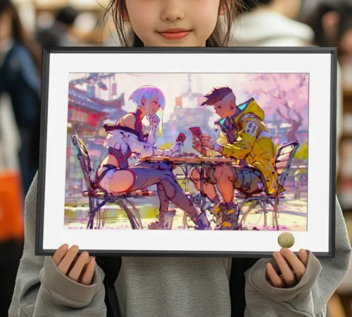"Premium limited edition Cyberpunk Edgerunners couple art painting: Stylized David and Lucy in a romantic board game setting, a must-have collectible.“